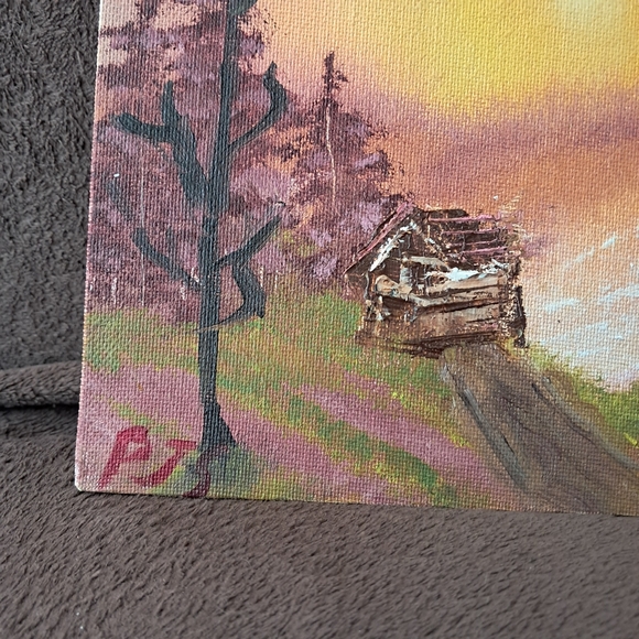 Bob Ross Inspired Cabin in the Woods Lakeside Hazy Sun Hand Painted Oil Canvas - Picture 4 of 6
